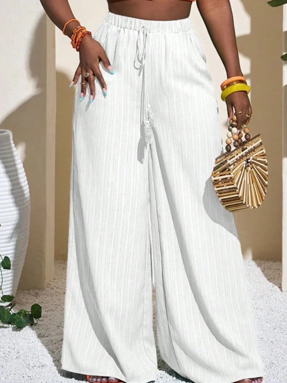 White Casual Women's Music Festival Wide Leg Geometric Pants